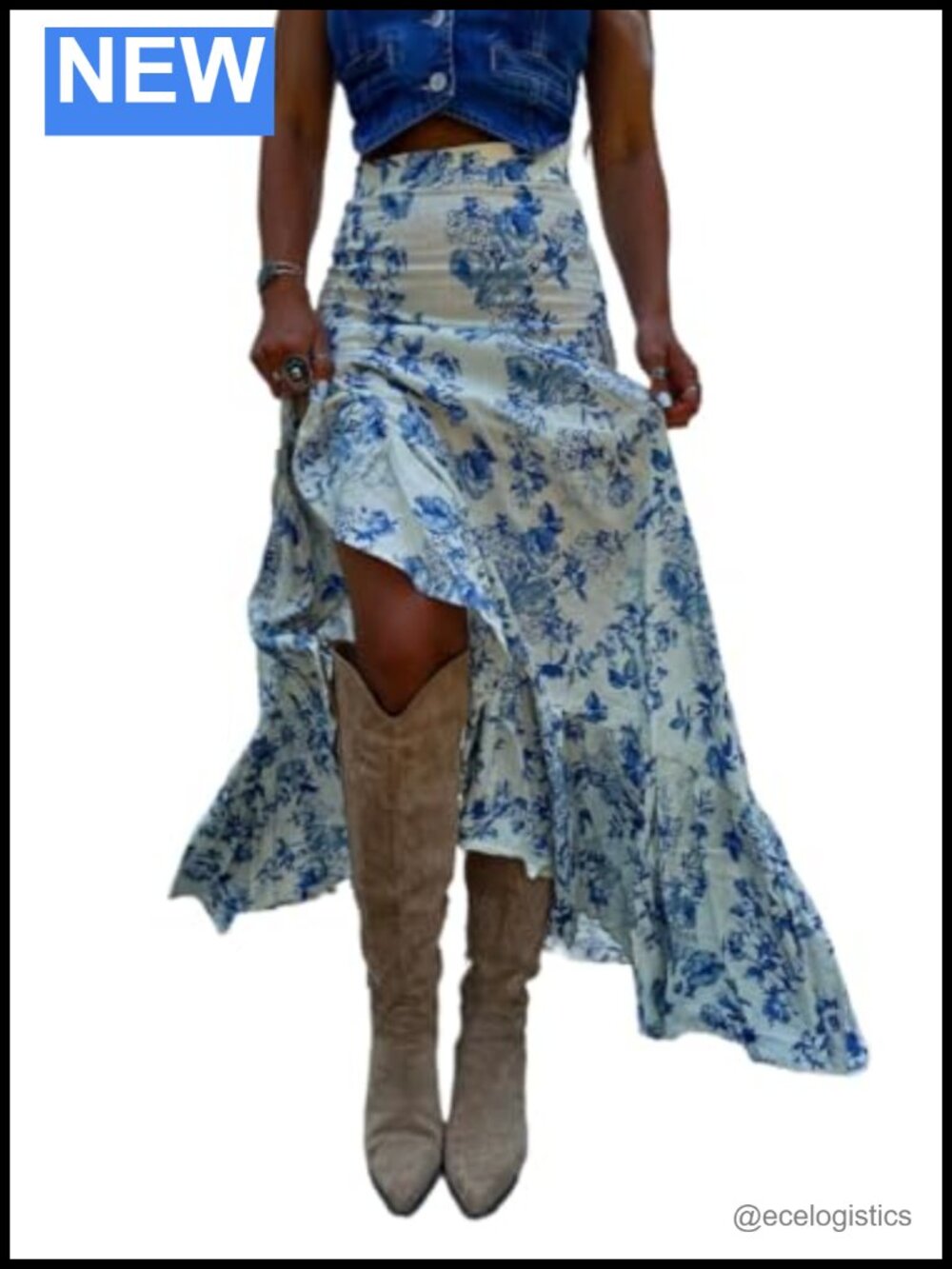 Women's Pleated Maxi Skirt Floral Print Split High Waist Summer